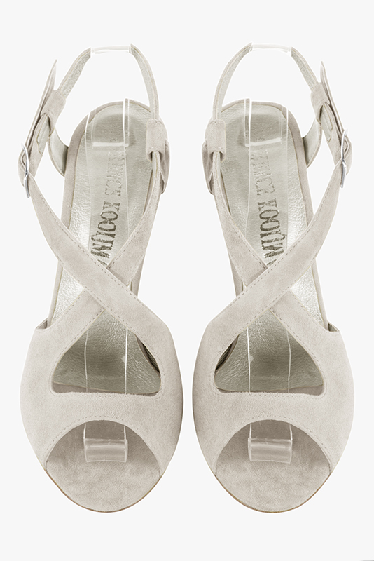 Off white women's open back sandals, with crossed straps. Round toe. High kitten heels. Top view - Florence KOOIJMAN